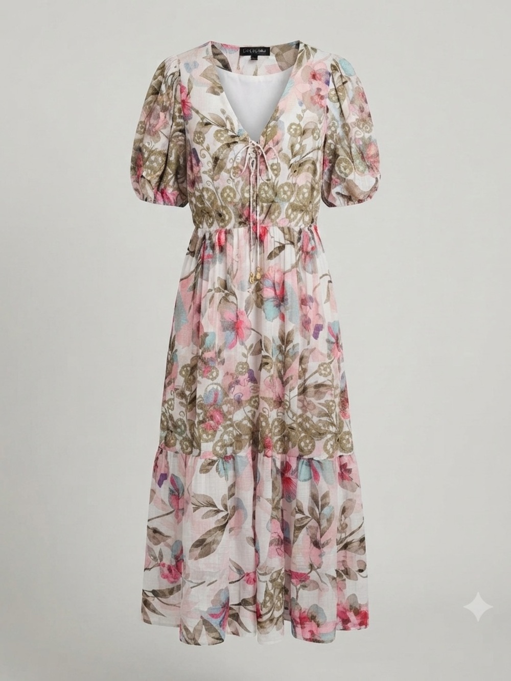 Arna York Floral Tiered Midi Dress Pastel Boho Cottagecore V-Neck Lace Trim 14